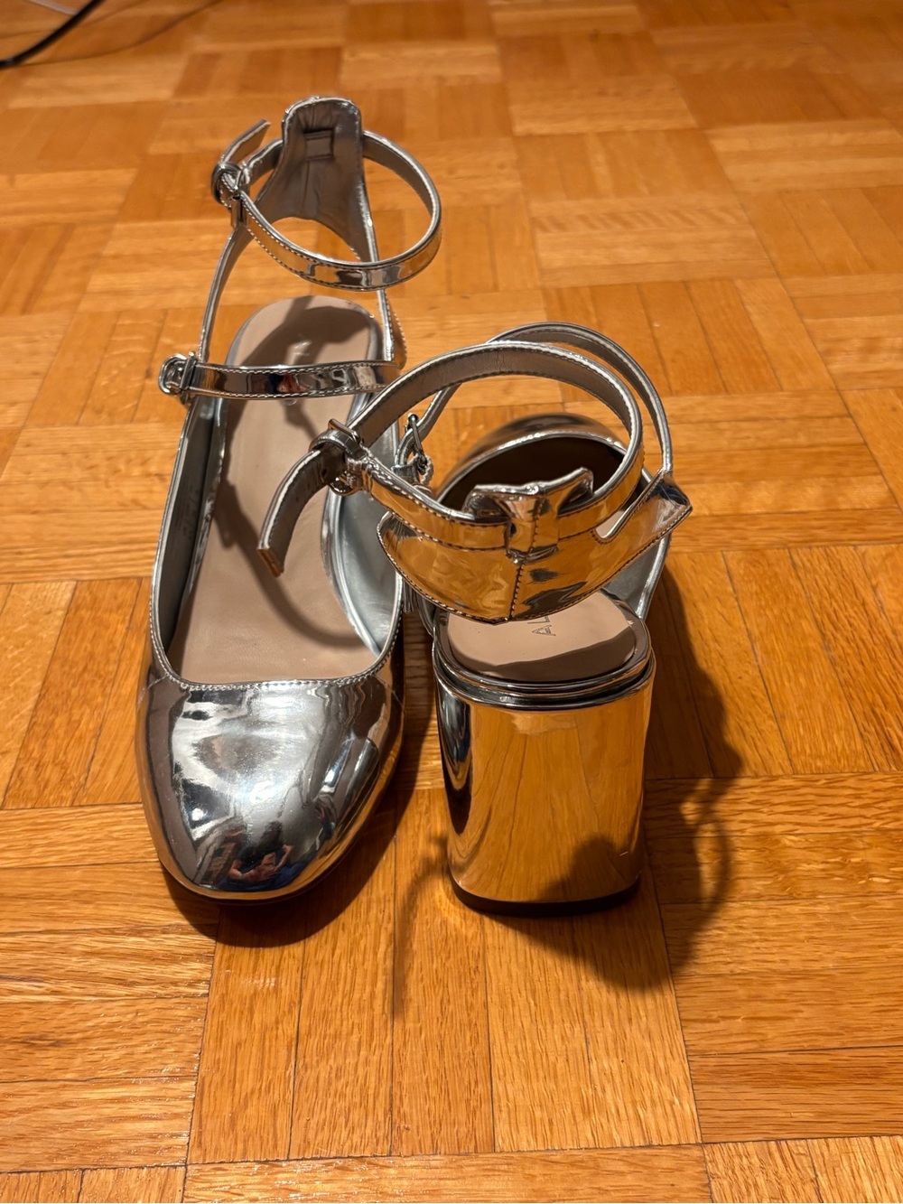 Aldo Silver Metallic Block Heel Ankle-Strap Women's Pumps
